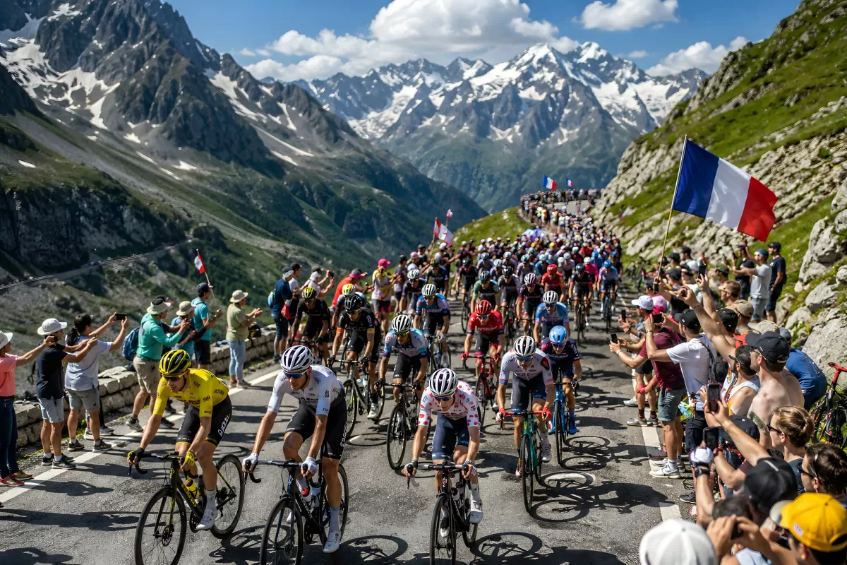 Radsportfeld erklimmt Alpenpass beim Tour de France
