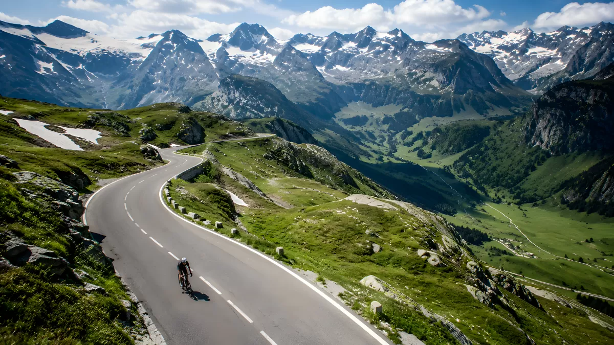 Radsportler auf kurvenreicher Alpenpassstraße im Sommer
