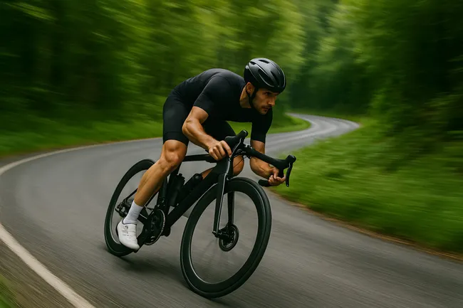 Radsportler in Kurvenfahrt auf kurvenreicher Straße