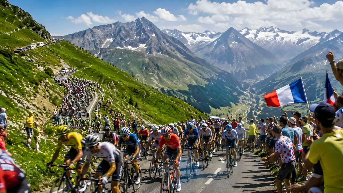 Radsportpeloton in den Alpen mit Französischer Flagge
