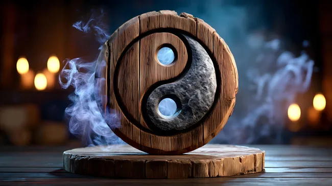 Räuchernde Yin-Yang-Skulptur auf Holzbrett