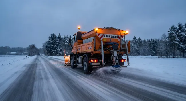 Räumfahrzeug entfernt Schnee von verschneiter Straße bei Dämmerung