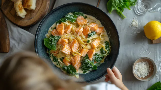 Raffinierte Lachs-Tagliatelle mit Spinat in cremiger Sauce