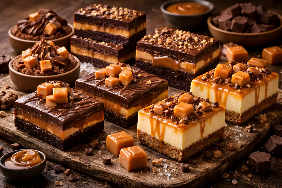 Raffinierte Schokoladen-Karamell-Desserts auf Holzbrett