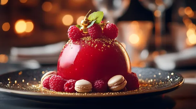 Raffiniertes Dessertdom mit Himbeeren und Goldakzenten