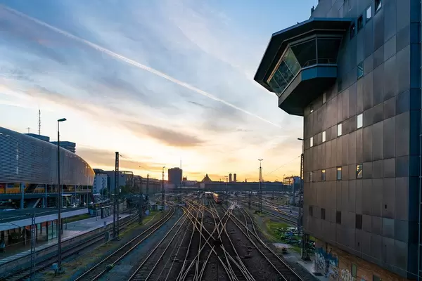 Railway hub with control tower in Munich, Germany