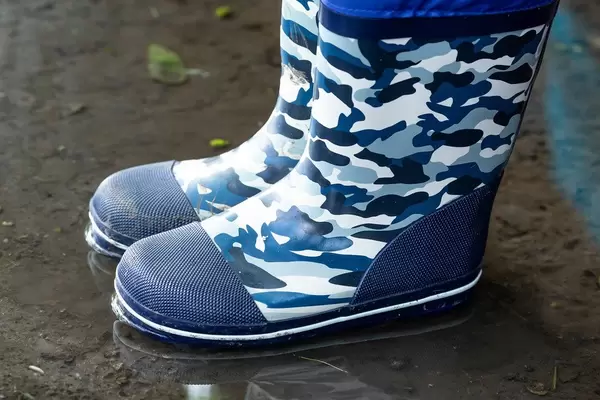 Rain boots for children in a puddle