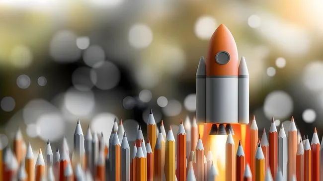 Rakete aus Bleistiften hebt zum Erfolg ab