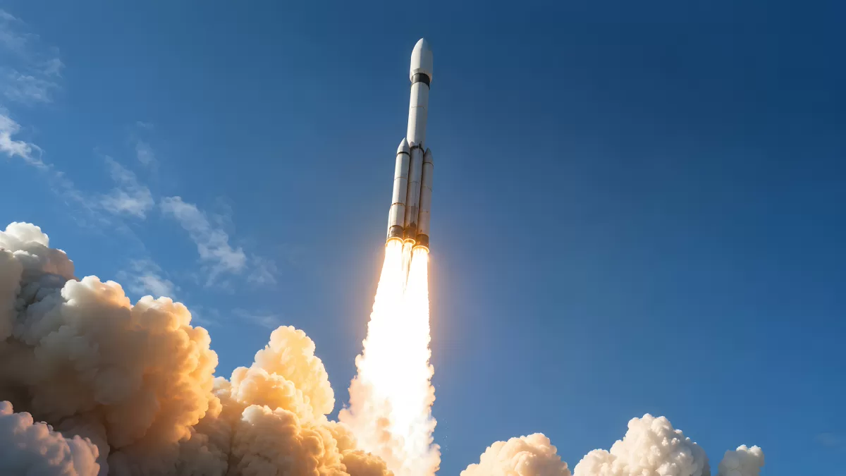 Rakete beim Start mit Feuer und Rauchwolken