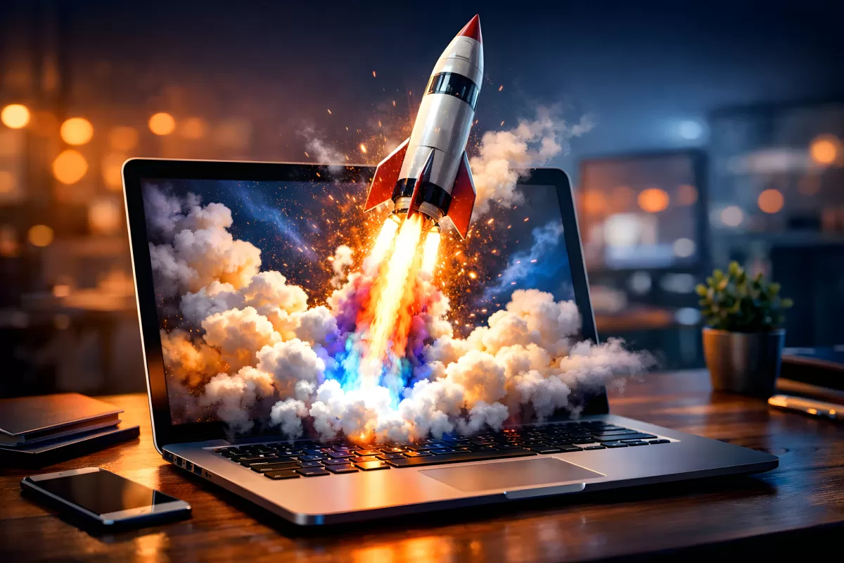 Rakete startet aus aufgeklapptem Laptop mit Feuer