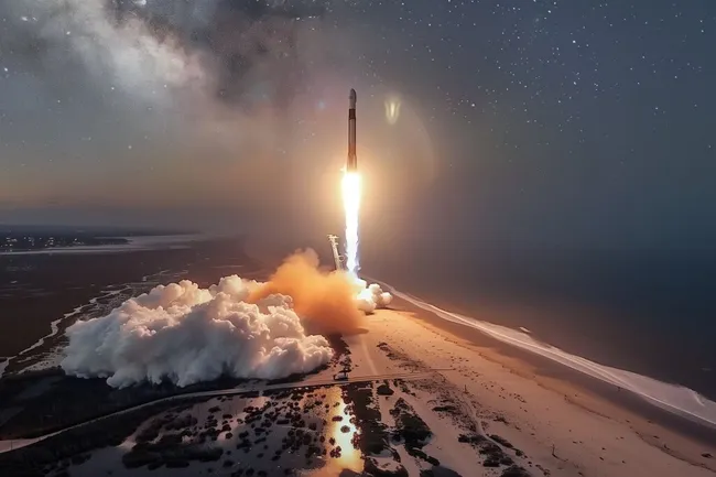 Rakete startet in sternenklarer Nacht