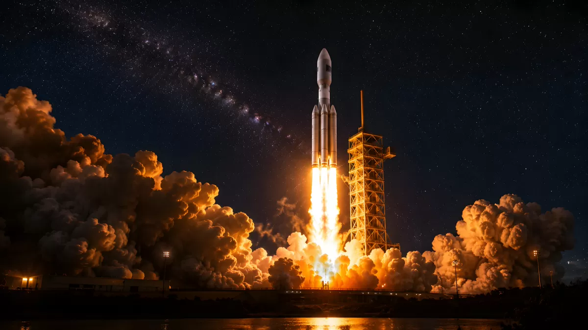 Rakete startet nachts in den Sternenhimmel