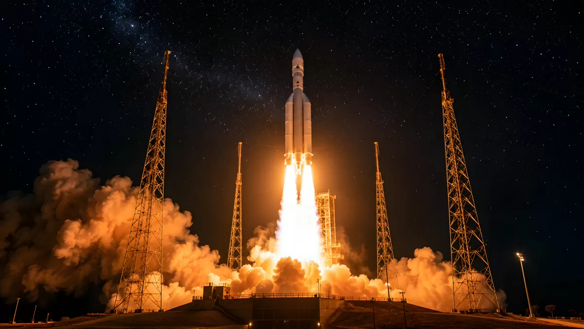 Rakete startet nachts vom Weltraumbahnhof in den Sternenhimmel