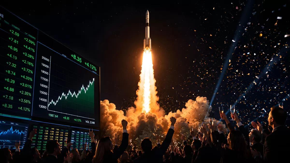 Rakete startet vor Börsenbildschirm mit steigenden Kursen