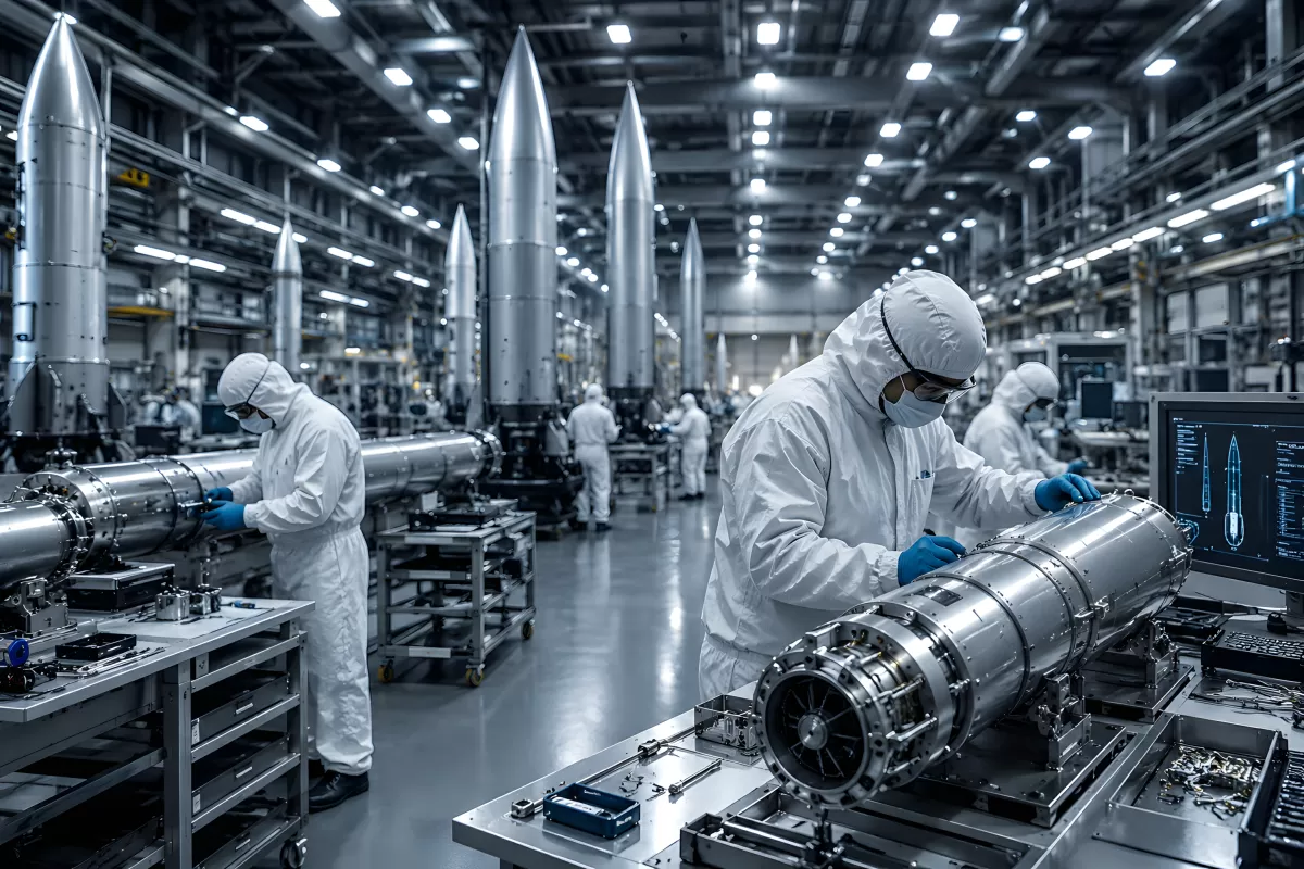 Raketen-Montage in moderner Rüstungsfabrik