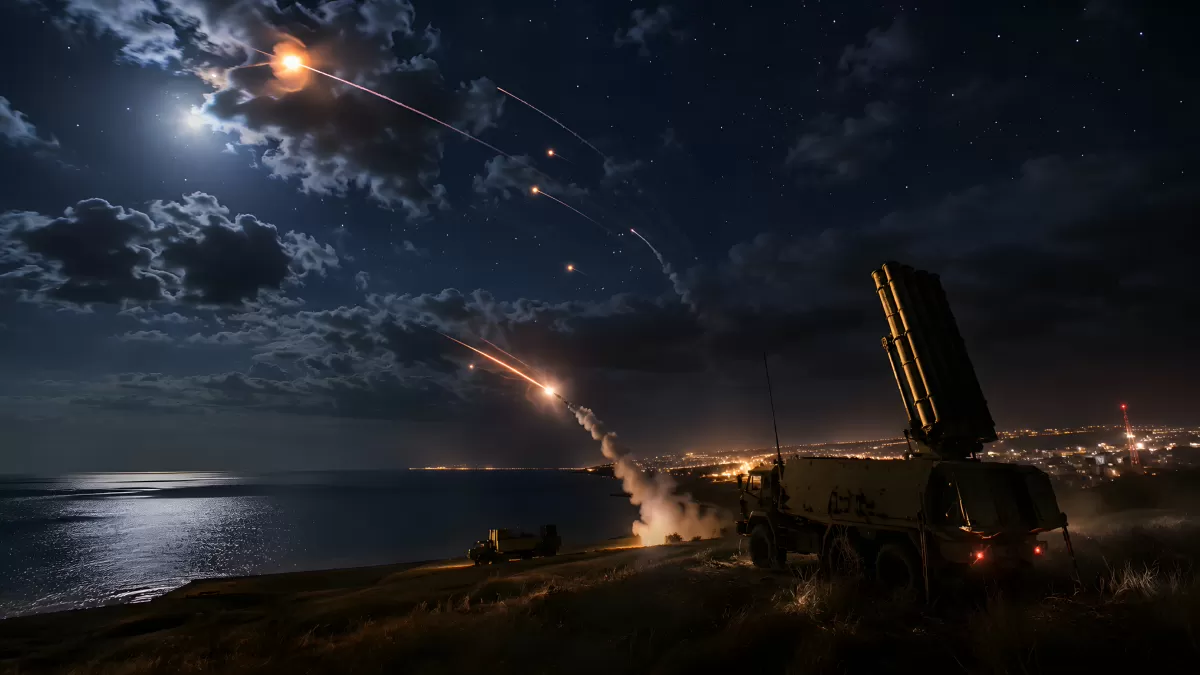 Raketenabwehrsystem feuert nachts an der Küste