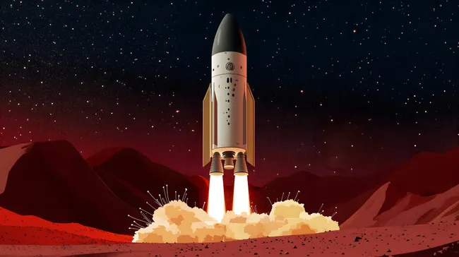 Raketenstart auf dem Mars in futuristischer Grafik