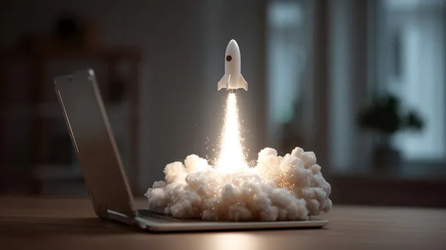 Raketenstart aus einem Laptop - futuristisches Bürokonzept