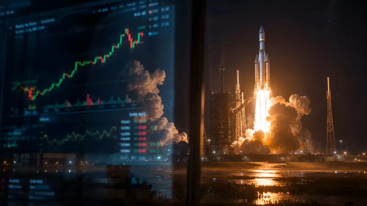 Raketenstart bei Nacht mit Börsendiagramm im Vordergrund