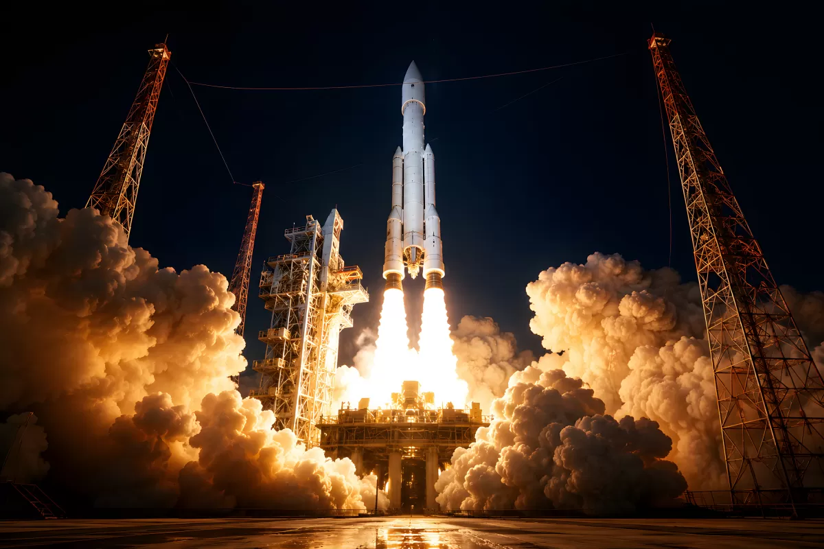 Raketenstart bei Nacht mit gewaltigen Feuerwolken