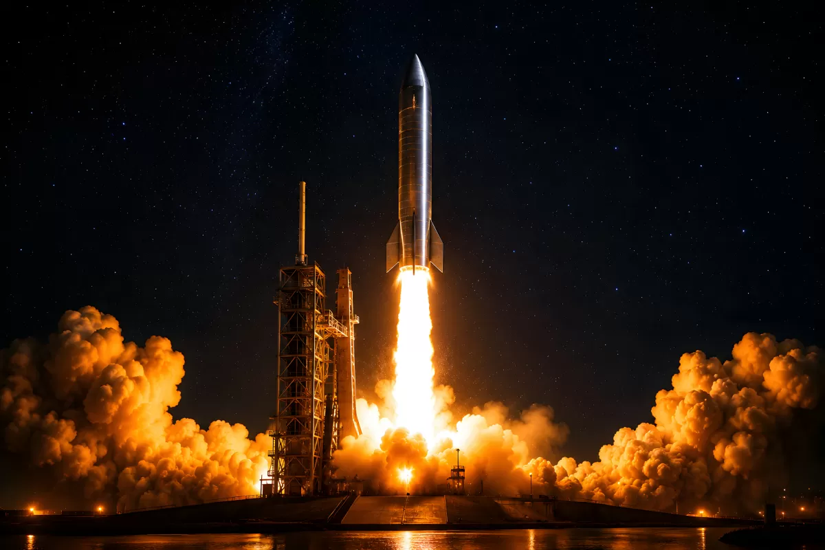 Raketenstart bei Nacht mit gewaltiger Feuerwolke