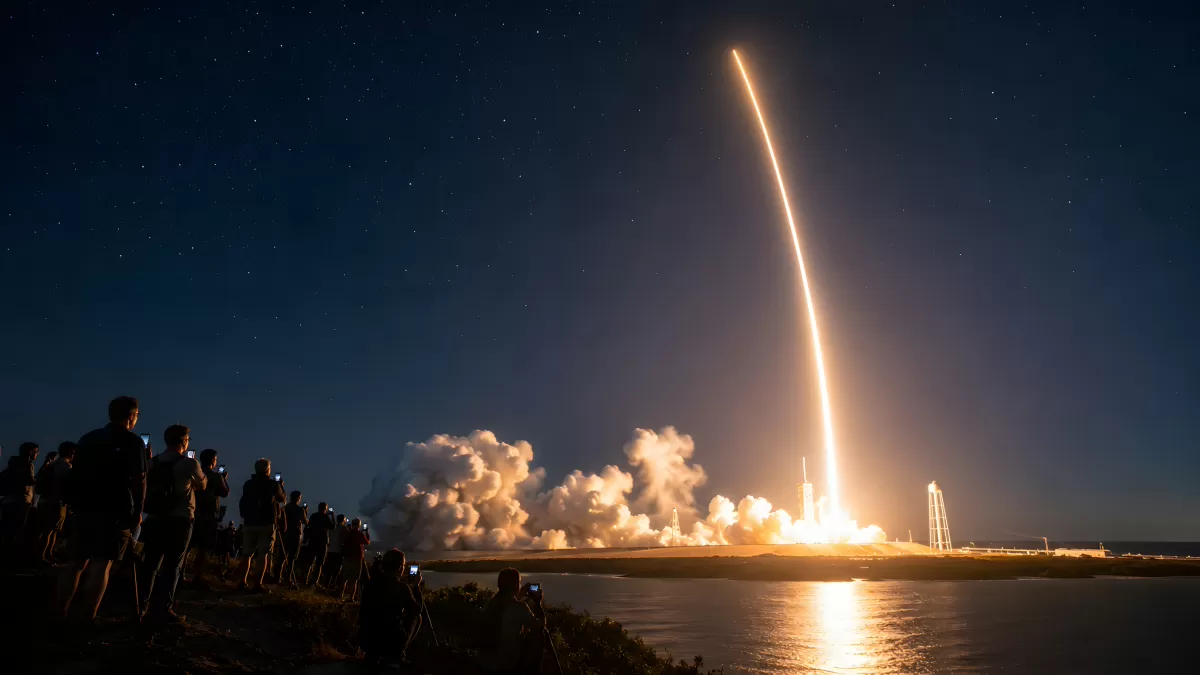 Raketenstart bei Nacht mit Zuschauern am Flussufer