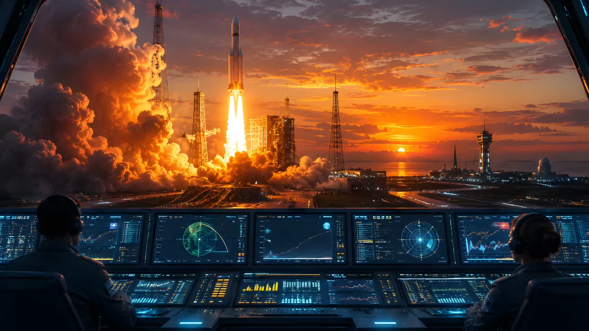 Raketenstart bei Sonnenuntergang vom Kontrollraum