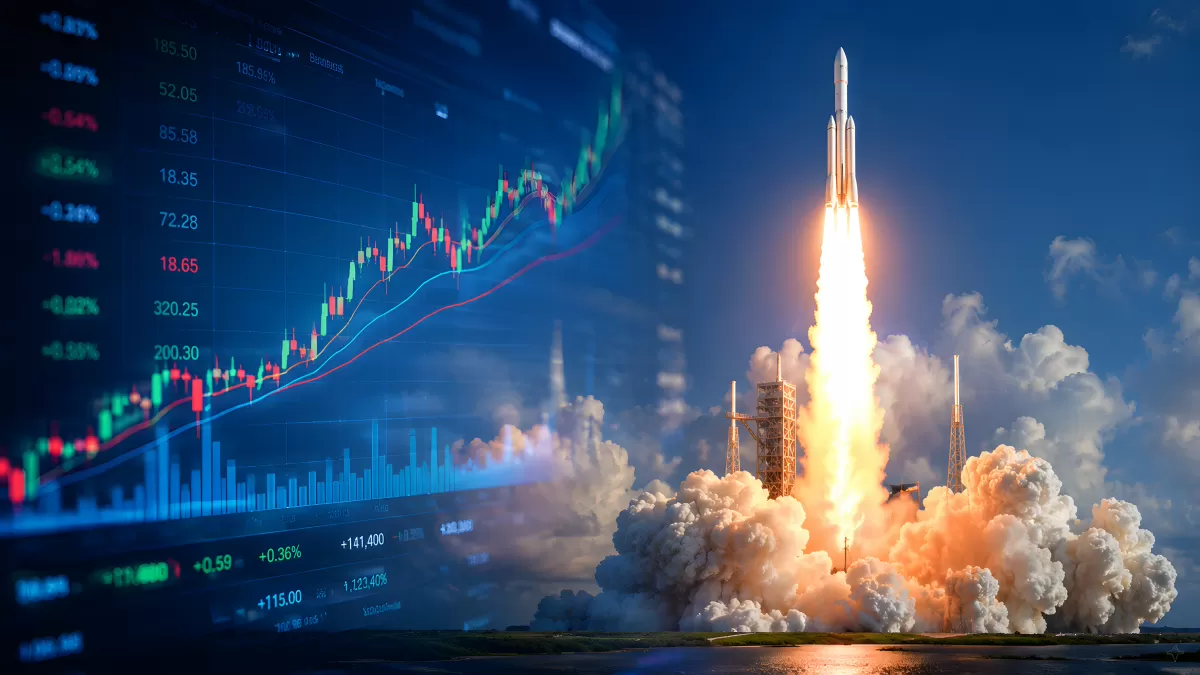 Raketenstart mit Börsen-Kursdiagramm im Hintergrund