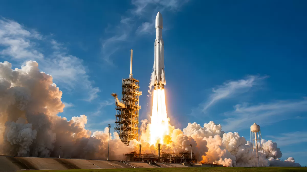 Raketenstart mit Feuerschweif vom Weltraumbahnhof