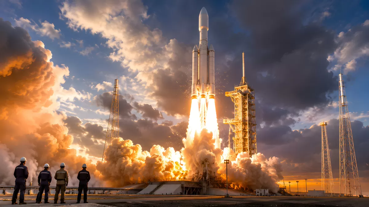 Raketenstart mit Feuerwolken am Abend