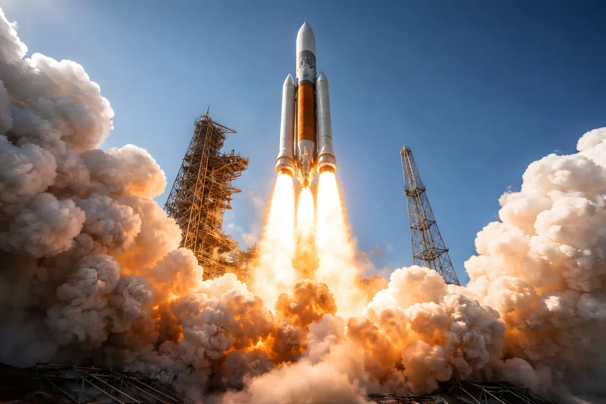 Raketenstart mit Feuerwolken vom Startpad