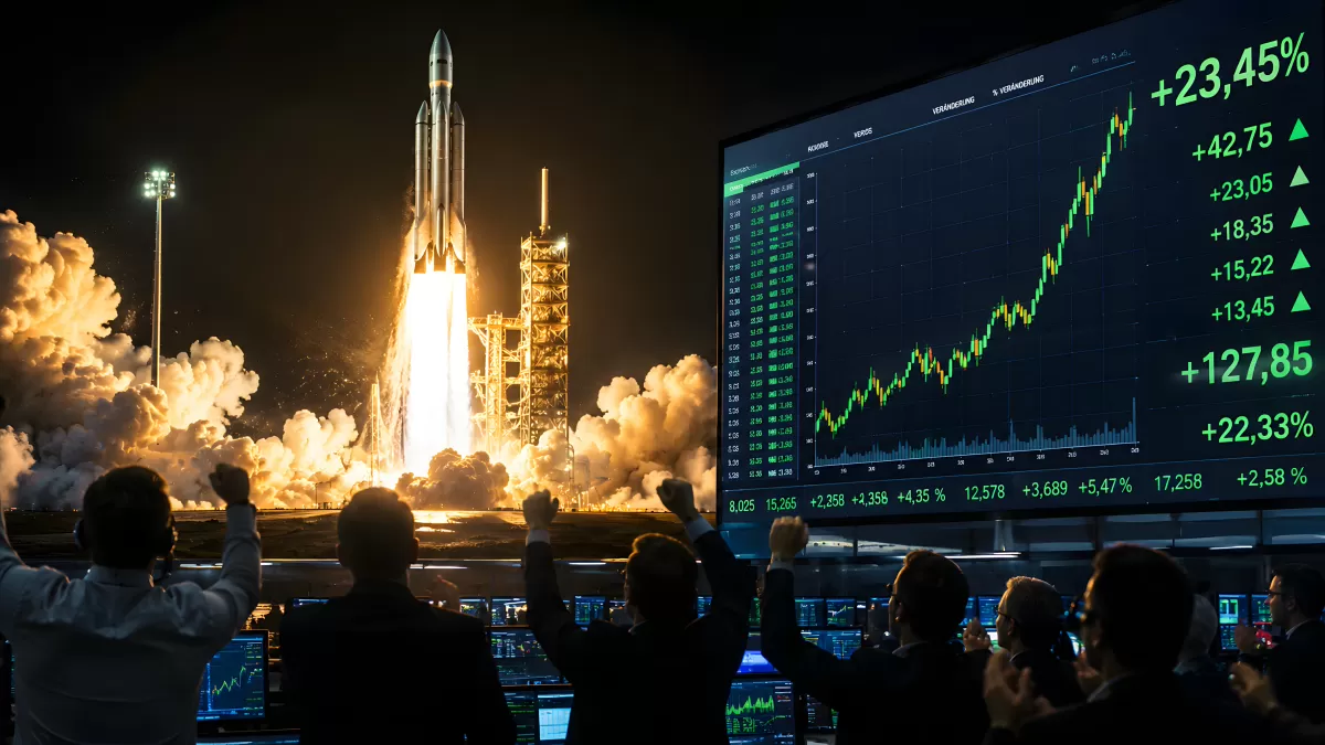 Raketenstart mit steigendem Börsenkurs im Kontrollraum