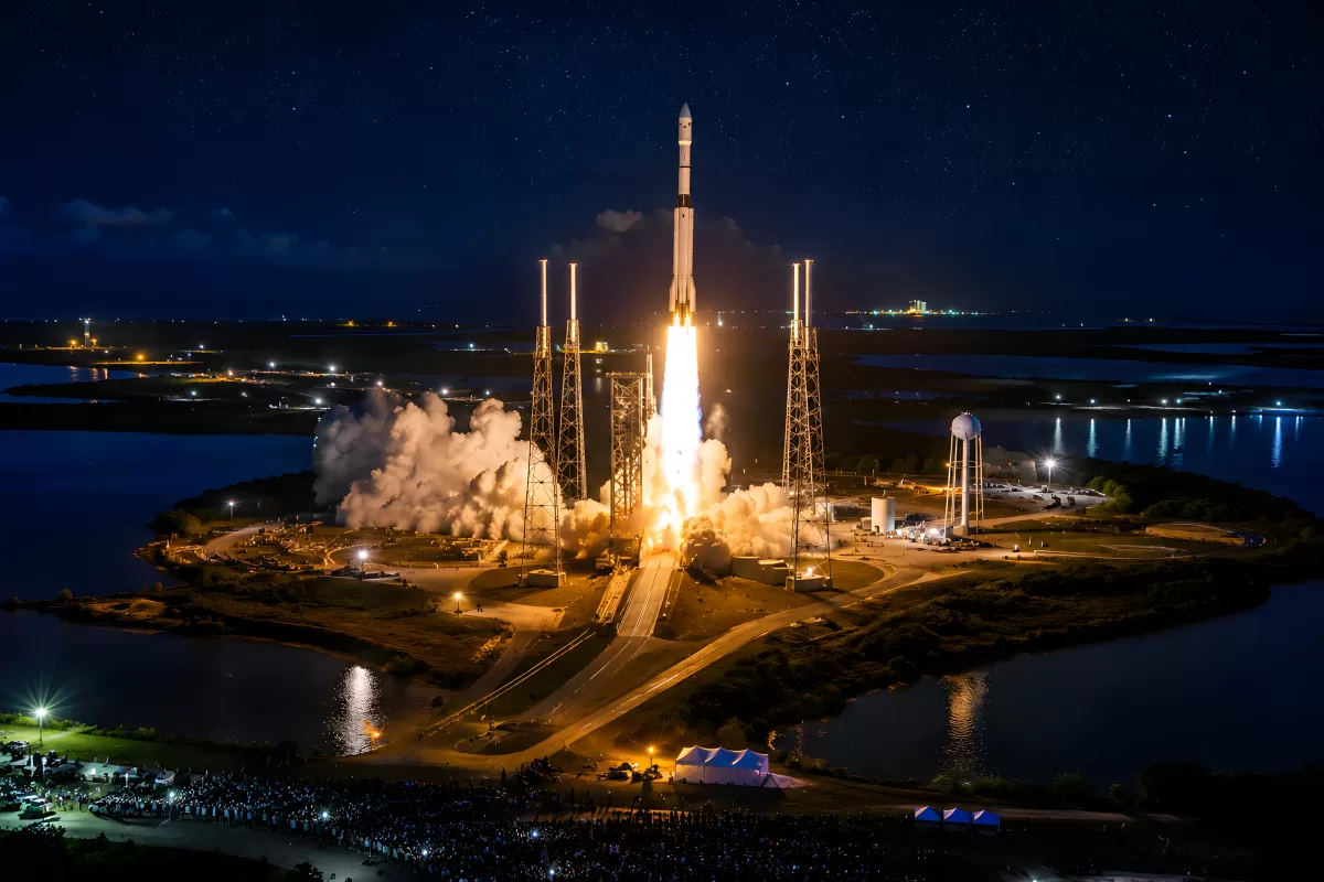 Raketenstartanlage bei Nacht mit Feuer und Rauch