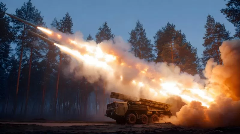 Raketenwerfer feuert Raketen im Wald bei Dämmerung