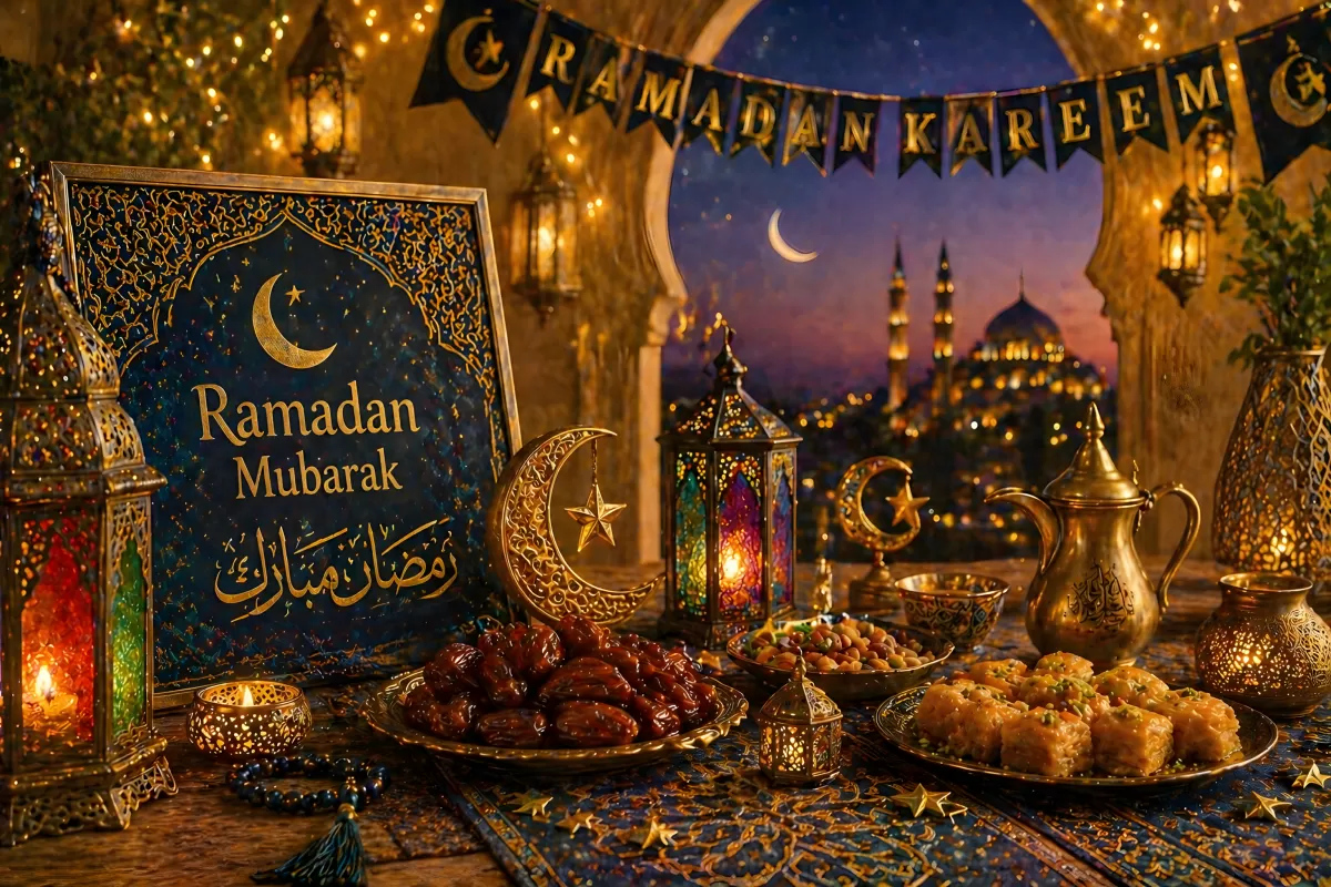 Ramadan Mubarak Tischdekoration mit Laternen und Datteln