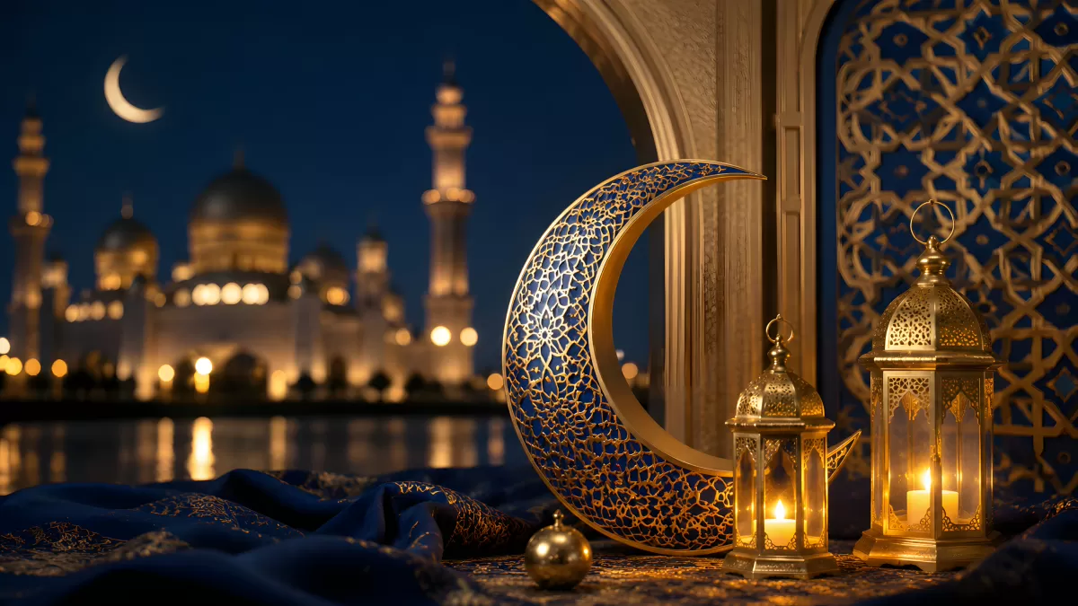 Ramadan-Nacht mit Moschee, Halbmond und Laternen
