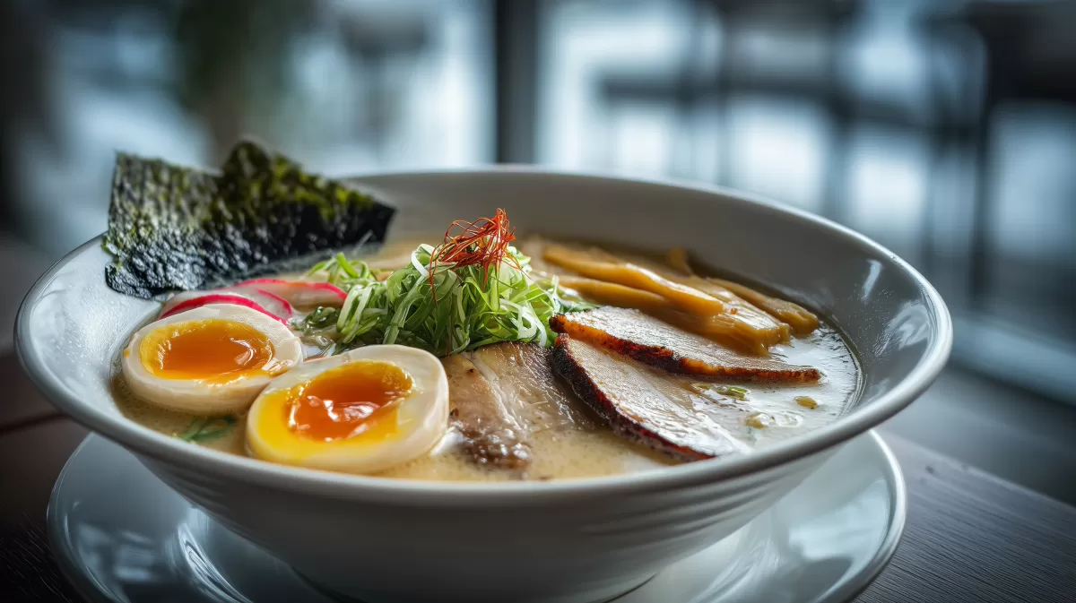 Ramen mit Chashu Schweinebauch in cremiger Brühe