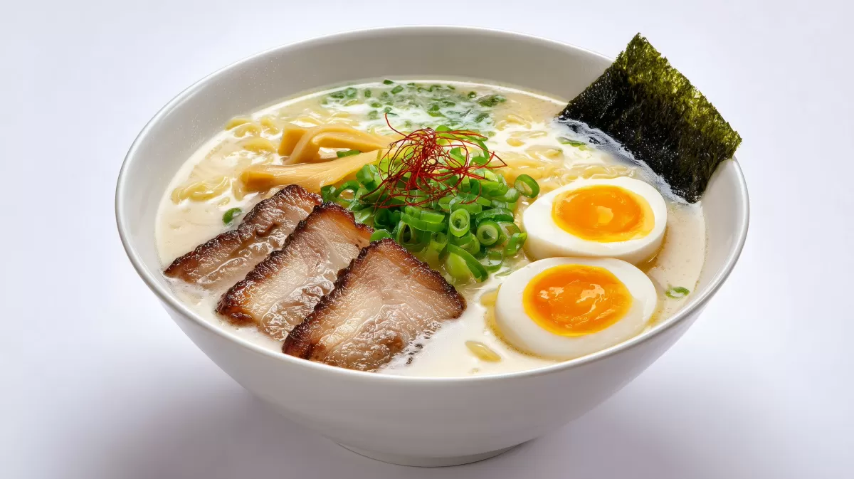 Ramen mit Chashu Schweinebauch in cremiger Tonkotsu-Brühe