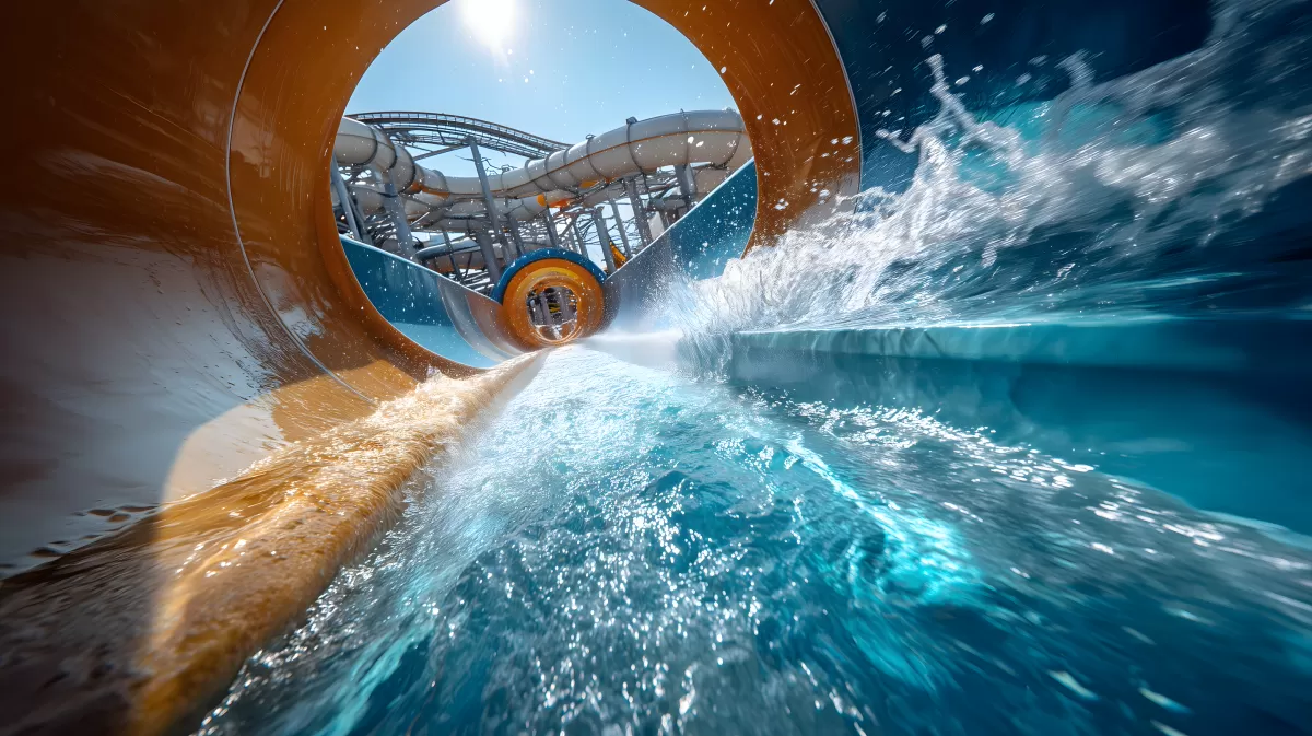Rasante Fahrt auf Wasserrutsche im Freizeitpark