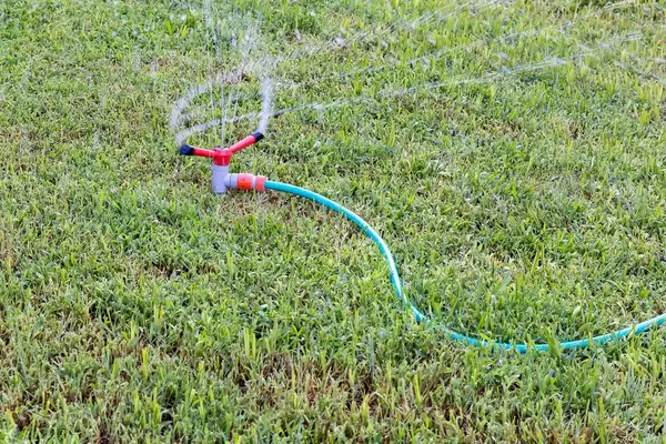 Rasen wird mit einem Gartensprinkler gewässert