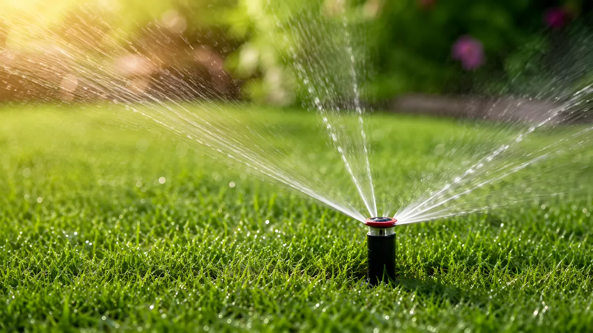 Rasensprenger bewässert sattgrünen Garten im Sommer
