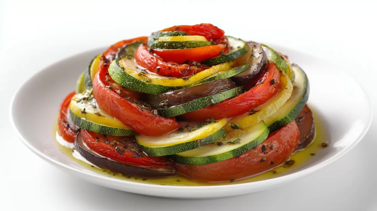 Ratatouille als bunter Gemüseturm auf weißem Teller