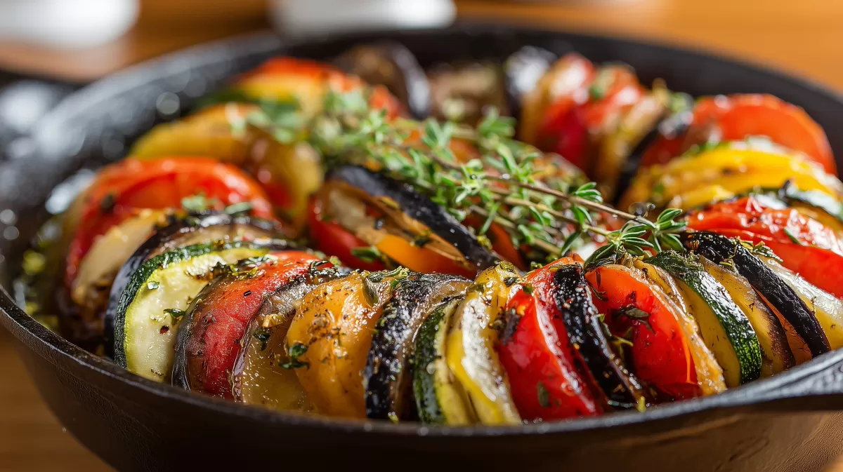 Ratatouille in gusseiserner Pfanne mit frischem Thymian