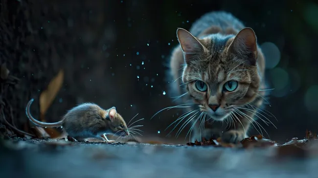 Raubkatze jagt Maus bei Nacht - Spannung und Instinkt