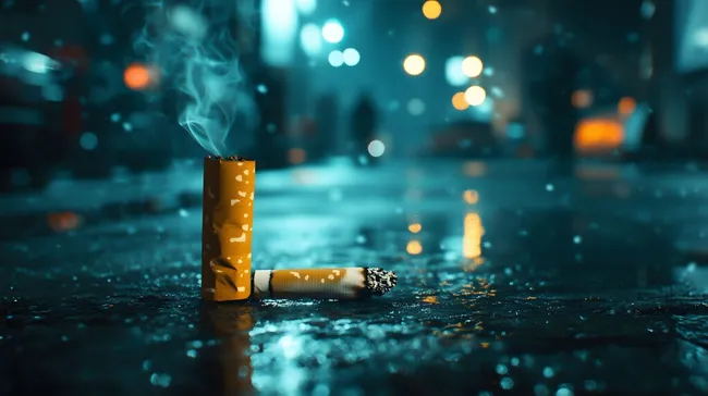 Rauchende Zigarette auf regennasser Straße