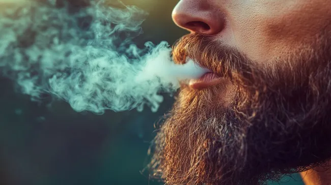 Rauchender Mann mit Bart vor unscharfem Hintergrund