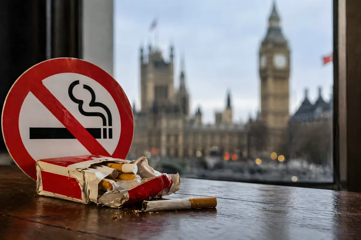 Rauchverbot-Schild mit Zigaretten vor Big Ben London