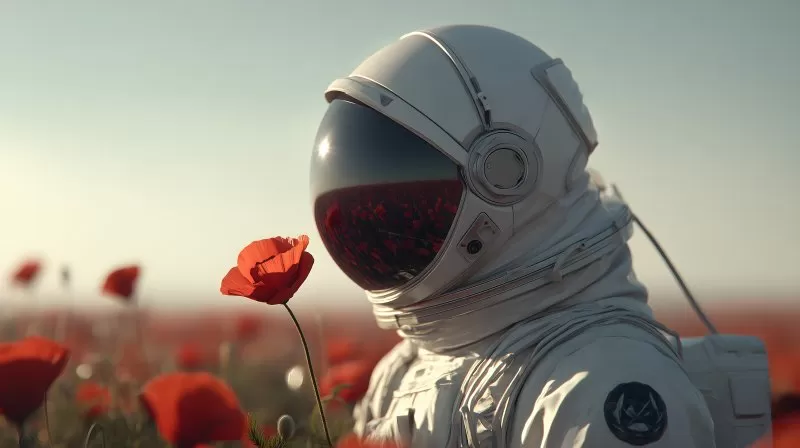 Raumfahrer betrachtet Mohnblume bei Sonnenuntergang