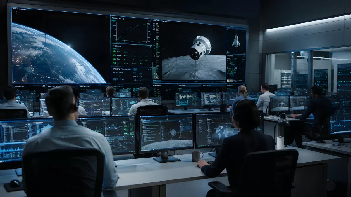 Raumfahrt-Kontrollzentrum mit Bildschirmen und Team