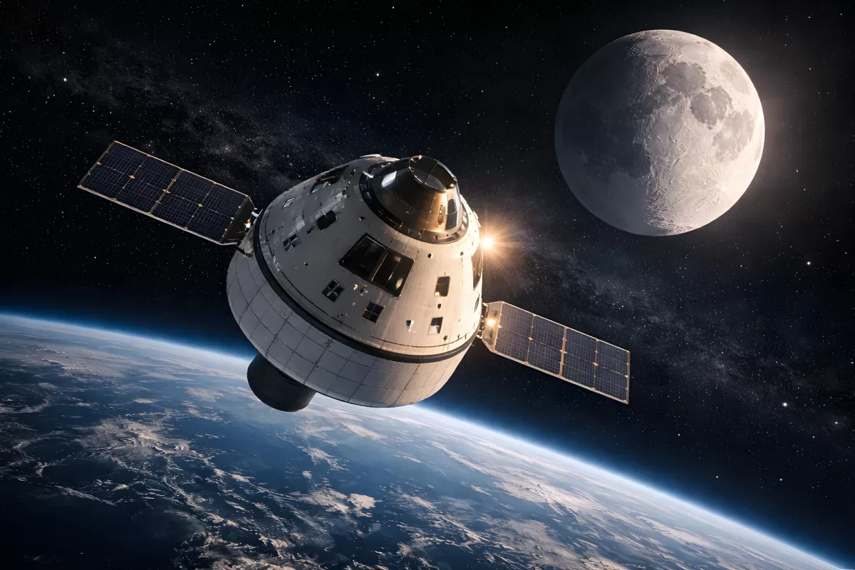 Raumkapsel ähnlich Artemis 2 mit Mond und Erde